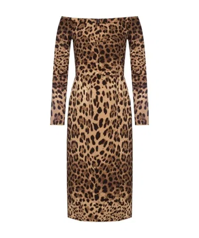 DOLCE & GABBANA DOLCE  GABBANA OFF THE SHOULDER ANIMALIER PRINTED DRESS