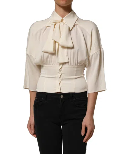 Dolce & Gabbana Off White Ascot Collar Long Sleeves Blouse Women's Top