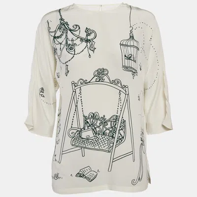 Pre-owned Dolce & Gabbana Off White Bird Cage Print Silk Blouse S In Cream