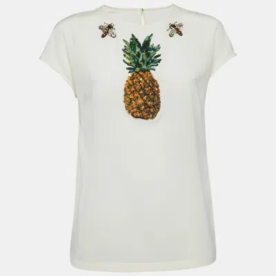 Pre-owned Dolce & Gabbana Off-white Embellished Silk Top S