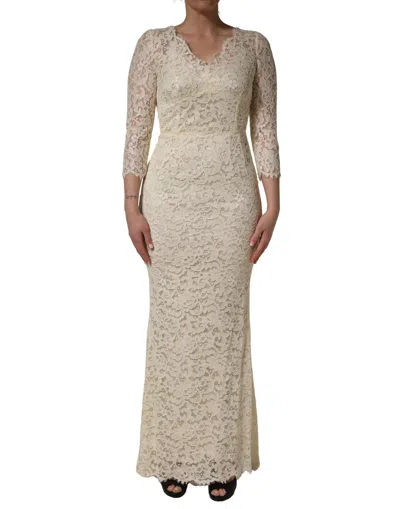 Dolce & Gabbana Off White Floral Lace Sheath Maxi Dress In Multi