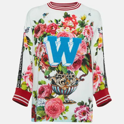 Pre-owned Dolce & Gabbana Off White Floral Print Crepe Applique Detail Sweatshirt S