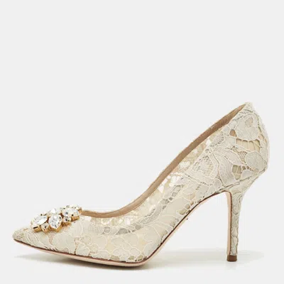 Pre-owned Dolce & Gabbana Off White Lace And Mesh Bellucci Pumps Size 38.5