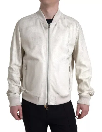 Pre-owned Dolce & Gabbana Off White Leatherperforated Full Zip Men's Jacket ()