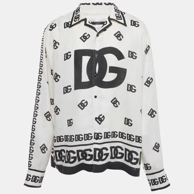 Pre-owned Dolce & Gabbana Off White Logo Print Linen Long Sleeve Shirt Xs