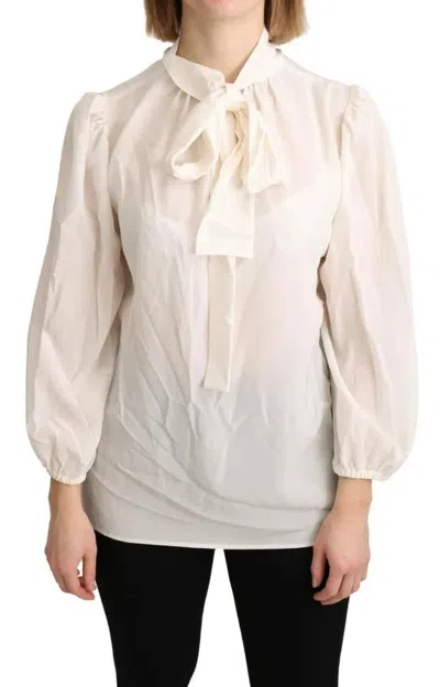 Pre-owned Dolce & Gabbana Off White Scarfneck Long Sleeves Blouse Silk Women's Top ()