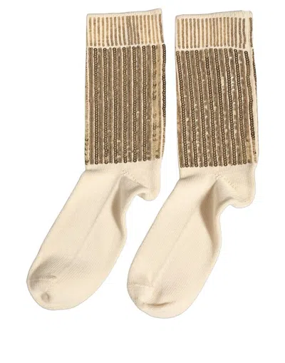 Dolce & Gabbana Off White Sequin Cotton Mid Calf Accessory Socks In Neutral