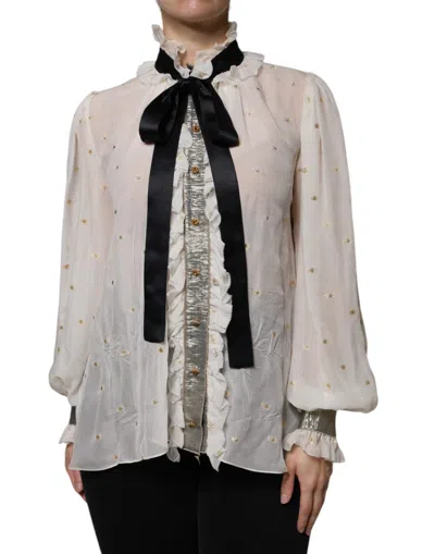 Pre-owned Dolce & Gabbana Off White Silk Blend Ascot Collar Blouse Women's Top ()