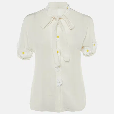 Pre-owned Dolce & Gabbana Off White Silk Daisy Appliqued Blouse M
