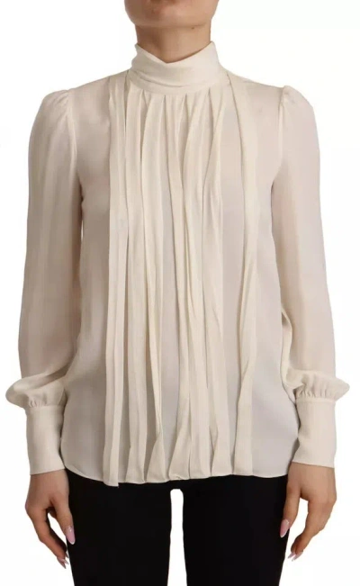 Pre-owned Dolce & Gabbana Off White Silk Long Sleeve Turtle Neck Women's Top ()