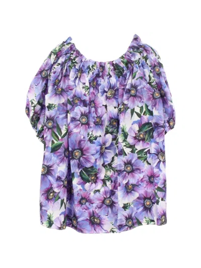 Pre-owned Dolce & Gabbana Off-shoulder Floral-pattern Cotton Blouse In Purple