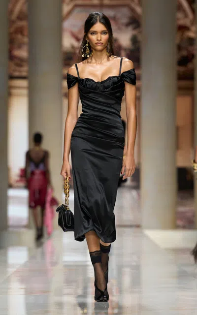 Dolce & Gabbana Off-the-shoulder Stretch-satin Midi Dress In Black