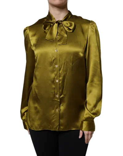 Pre-owned Dolce & Gabbana Olive Green Ascot Collar Long Sleeve Blouse Women's Top ()