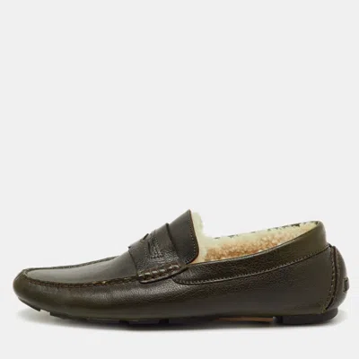 Pre-owned Dolce & Gabbana Olive Green Leather Shearling Fur Slip On Loafers Size 44
