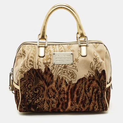 Pre-owned Dolce & Gabbana Ombre Gold/brown Leather And Velvet Printed Satchel