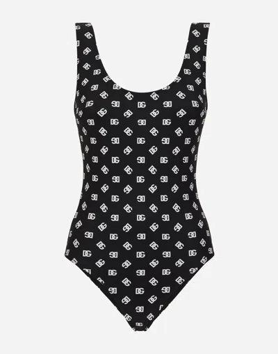 Dolce & Gabbana One-piece Racing Swimsuit With Dg Logo Print In Black