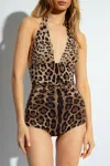 Dolce & Gabbana Leopard-print Halterneck Swimsuit In Beige