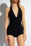 Dolce & Gabbana Black Gathered One-piece Swimsuit With Logo Patch In Stretch Polyamide Woman In Black