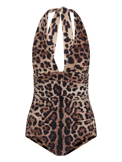 Dolce & Gabbana Women Leopard Printed Sensitive Fabric One-piece Swimsuit In Brown