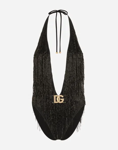 Dolce & Gabbana One-piece Swimsuit With Bead Fringing In Black
