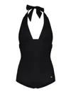 Dolce & Gabbana Black Gathered One-piece Swimsuit With Logo Patch In Stretch Polyamide Woman