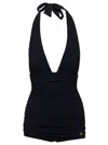 Dolce & Gabbana Black Gathered One-piece Swimsuit With Logo Patch In Stretch Polyamide Woman In Black