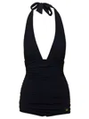 Dolce & Gabbana Black Gathered One-piece Swimsuit With Logo Patch In Stretch Polyamide Woman In Black