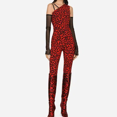 Dolce & Gabbana Tuta Printed Jumpsuit In Leo Nero Fdo Rosso