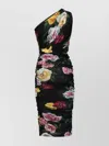 Dolce & Gabbana Tulle One-shoulder Calf-length Dress With Peony And Rose Print