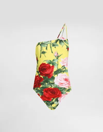 Dolce & Gabbana One-shoulder One-piece Swimsuit With Floral Bouquet Print