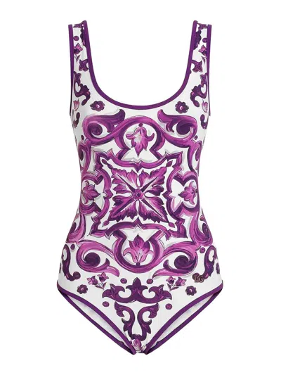 Dolce & Gabbana One-piece Swimsuit With Majolica Print In Blue