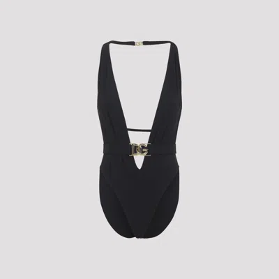 Dolce & Gabbana One-piece Swimsuit With Plunging Neck And Belt In Black