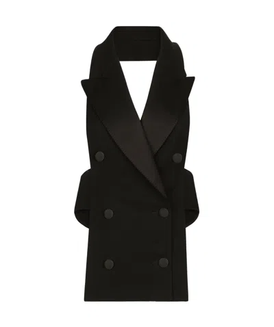 Dolce & Gabbana Double-breasted Satin-trimmed Wool-blend Gabardine Halterneck Vest In Black