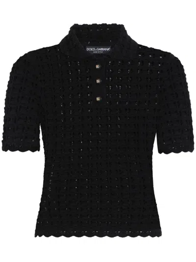 Dolce & Gabbana Open-knit Polo Shirt In Black