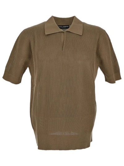 Dolce & Gabbana Openwork V-neck Polo Shirt In Beige