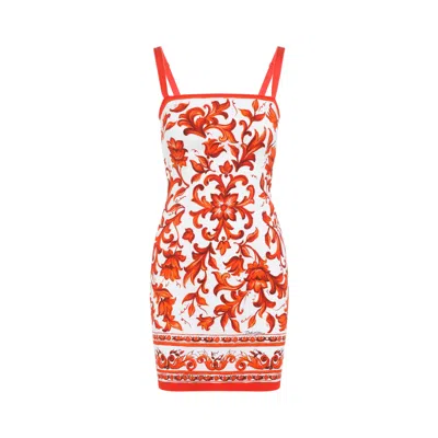 Dolce & Gabbana Orange And White Charmeuse Maiolica Mini Dress In Multi