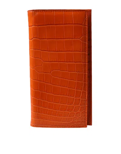 Dolce & Gabbana Orange Crocodile Leather Long Bifold Card Holder Wallet In Brown