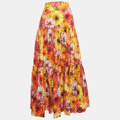 Pre-owned Dolce & Gabbana Orange Floral Print Poplin Tiered Maxi Skirt Xl