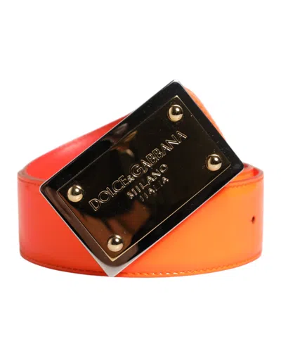 Pre-owned Dolce & Gabbana Orange Gold Tone Metal Logo Buckle Men's Belt ()