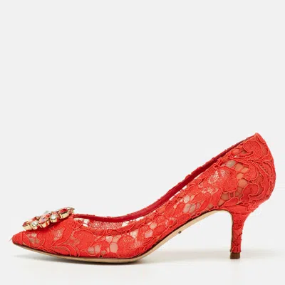 Pre-owned Dolce & Gabbana Orange Lace Crystal Embellished Bellucci Pumps Size 37.5