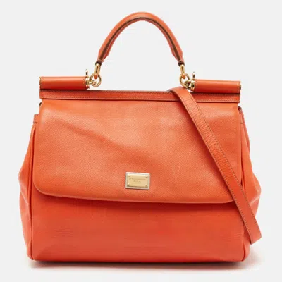 Pre-owned Dolce & Gabbana Orange Leather Large Miss Sicily Top Handle Bag