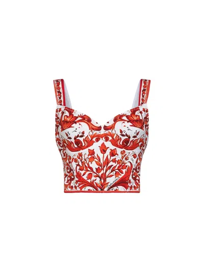 Dolce & Gabbana Orange Maiolica-print Charmeuse Bustier Top In Red