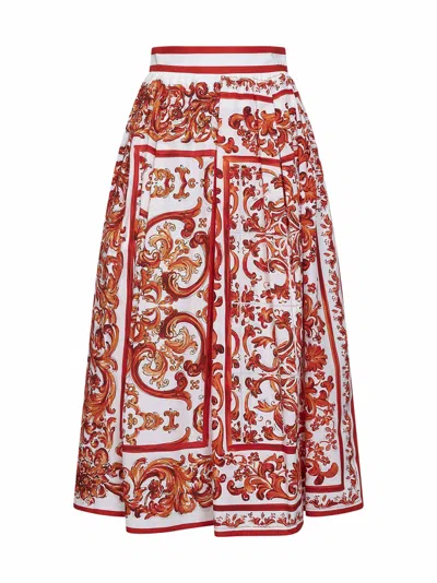 Dolce & Gabbana Orange Maiolica-print Pleated Poplin Midi Skirt In Multi