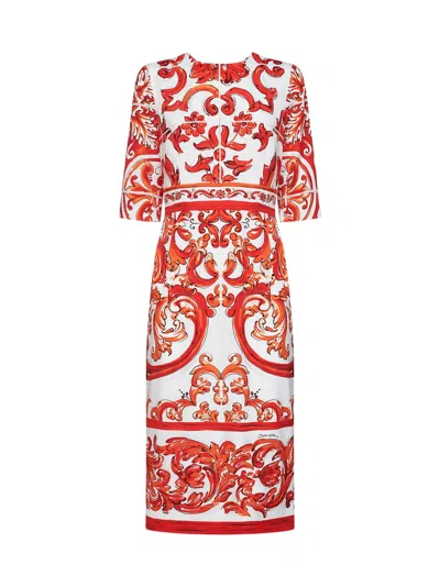 Dolce & Gabbana Orange Maiolica-print Stretch Silk Charmeuse Midi Dress In Red