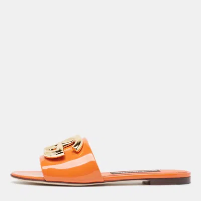 Pre-owned Dolce & Gabbana Orange Patent Flat Slides Size 37