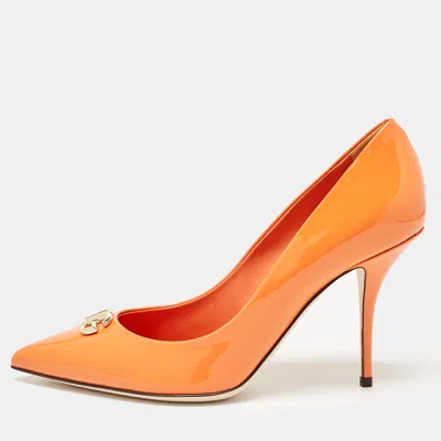 Pre-owned Dolce & Gabbana Orange Patent Leather Dg Buckle Pumps Size 37.5
