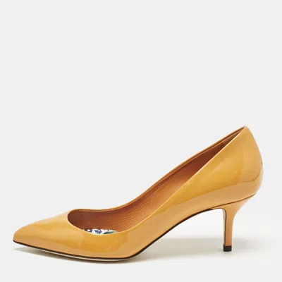 Pre-owned Dolce & Gabbana Orange Patent Leather Pointed Toe Pumps Size 37