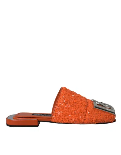 Dolce & Gabbana Orange Sequin Logo Slides Sandals Women's Shoes