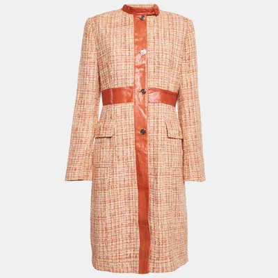 Pre-owned Dolce & Gabbana Orange Tweed Snake Skin Trimmed Single Breasted Coat L