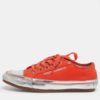 Pre-owned Dolce & Gabbana Orange/sliver Leather And Canvas Lace Up Low Top Sneakers Size 37